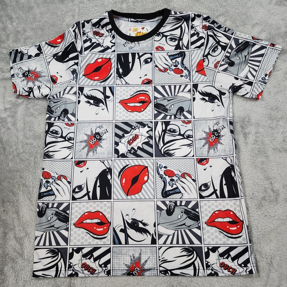 Oh Snap Shirt Mens Medium Pop Art Comic Graphic Lips Crying Car Pizza‎ Polyester